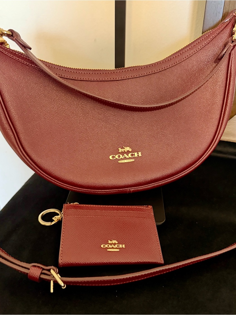 Coach Burgundy Crescent Shoulder Bag with Matching Card Case